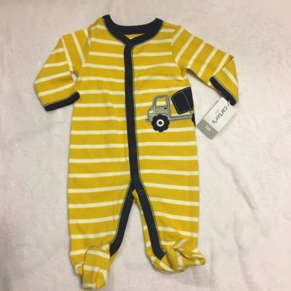 Carter's Footed Pajamas Baby Boy NEWBORN ‎ Striped New Construction Dump Truck